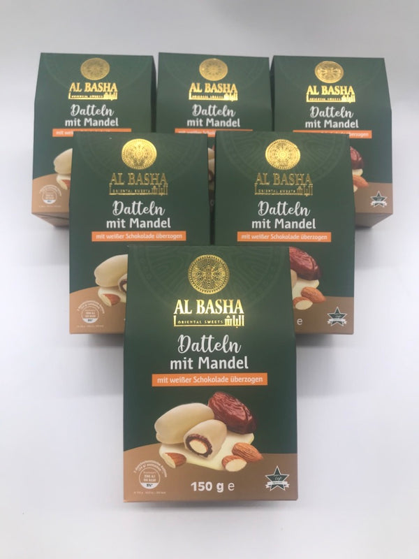 6 x Datteln mit Mandel mit weißer Schokolade überzogen - Al Basha Sweets